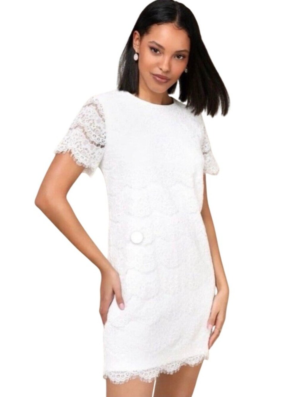 Lulus Take Me to Brunch Lace Shift Dress Sz LG White Dainty Fringe Boho Bridal